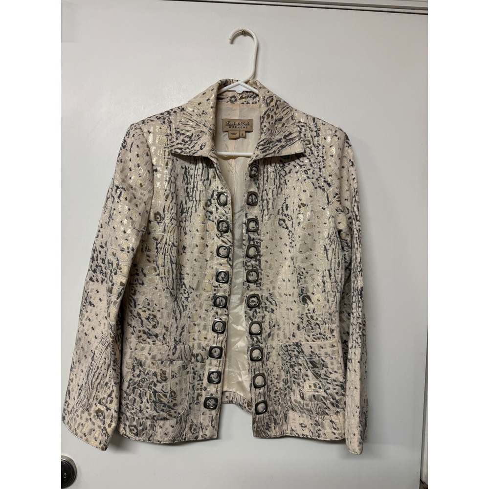 Peck & Peck Jacket Womens 8 Weekend Metallic Animal Print Grommet Gold Silver